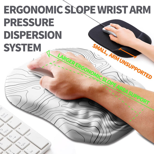 Ergonomic Slope Mouse Pad Wrist Support, Wrist Rest Mousepad for Carpal Tunnel Pain Relief with Massage Bulge and Slow Rebound Memory Foam (12x8 inch, White Contour Lines)