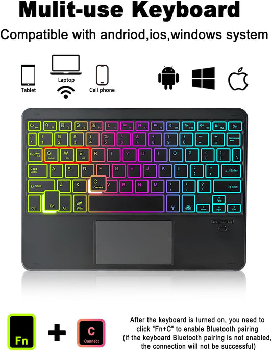 Universal Touchpad Keyboard Case for 9.7,10.1,10.2",10.5",10.9",11" Tablet, Rainbow Backlight TrackPad Keyboard with Type-C Charging Port fit 9.7-11 inch Android/iOS/Windows (Black)