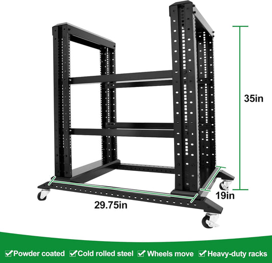 15U Server Rack/4-Post 19in Network Rack/Open Frame Rack with Wheels, Heavy-Duty Frame Cabinet/Adjustable Depth 29.75-27.75in GLOBALRACK(4POST-1000-15U)
