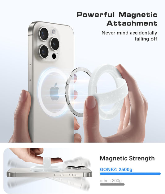 GONEZ Magnetic Phone Grip Compatible with MagSafe, Removable Silicone Loop Grip, Phone Ring Holder for Back of Phone for iPhone 16/15/14/13/12 Series, Glitter White