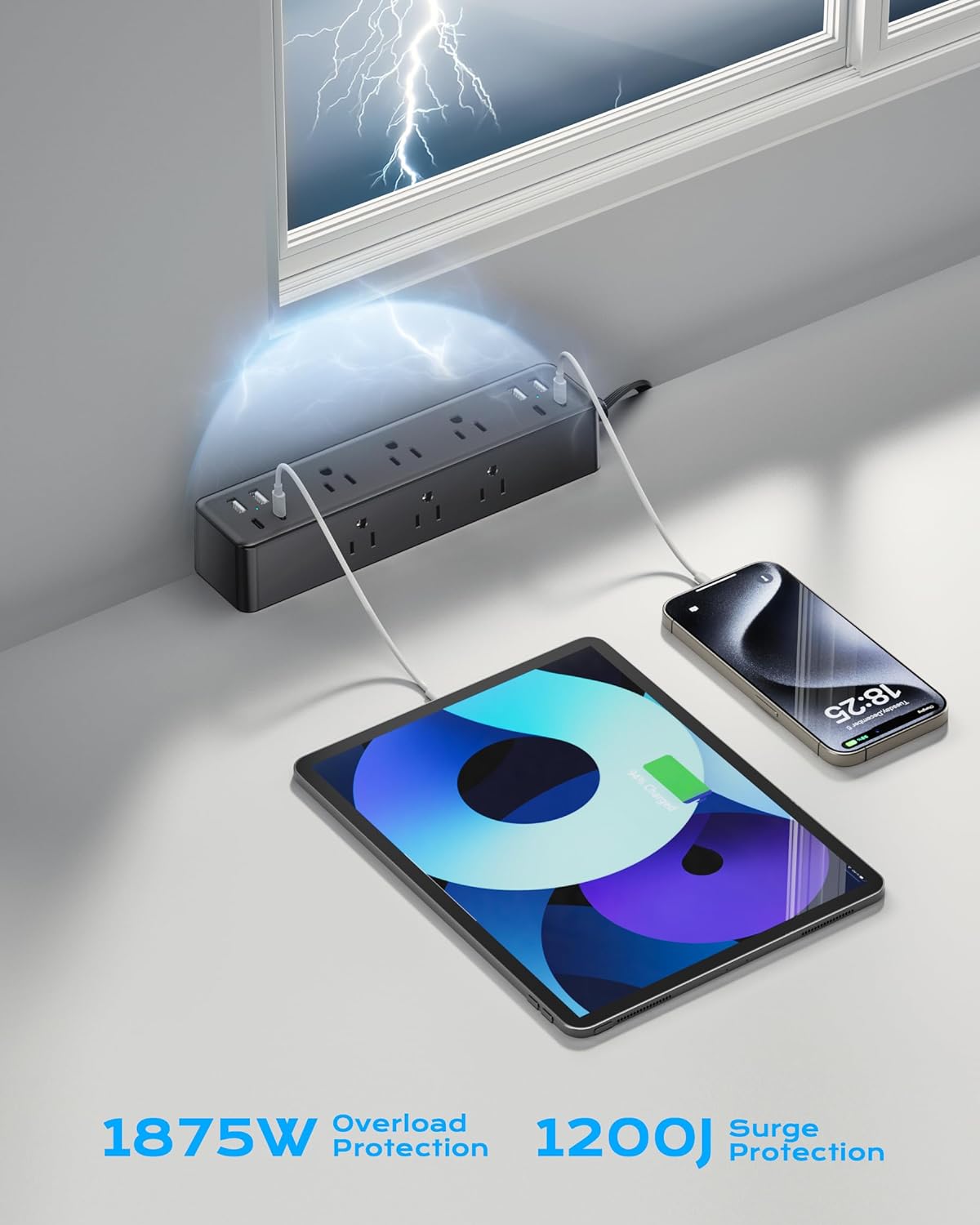 Flat Plug Desk Clamp Power Strip 10FT, 24W Total Charging Station, Desk Edge Mount Power Strip 9 AC Outlets 8 USB Ports Surge Protector, Fit 1.7" Tabletop Edge, Home Office Accessories