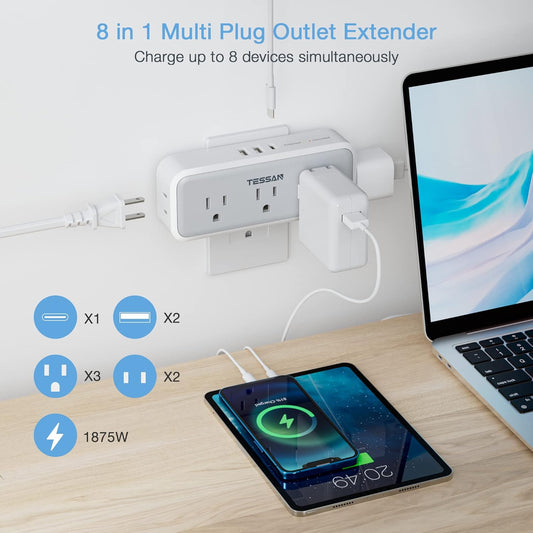 Multi Plug Outlet Extender, USB C Wall Charger, TESSAN Wall Plug Splitter with 5 Outlets and 3 USB, Electrical Power Expander with Surge Protector Spaced for Home Office Dorm Room
