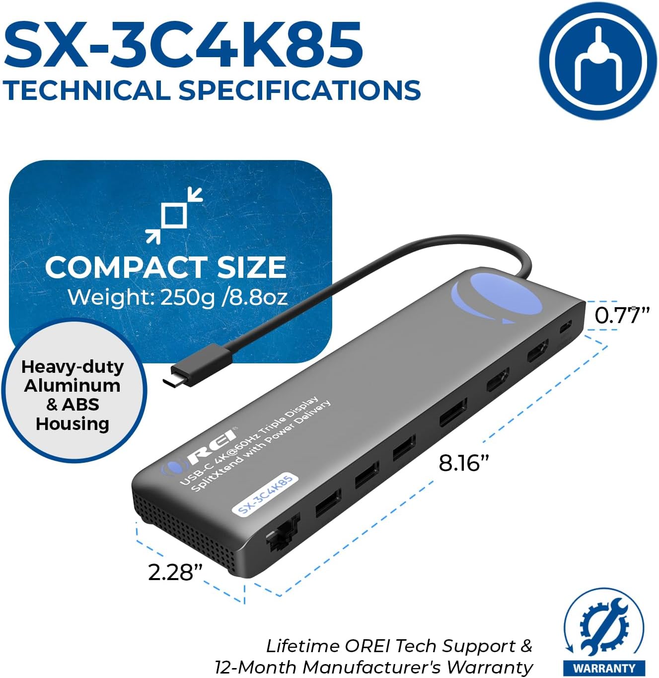 OREI USB-C Triple Monitor Docking Station Splitter – USB-C to 2× HDMI & 1× DisplayPort Adapter, 100W PD, Gigabit Ethernet, 4× USB2.0/3.0, microSD Reader – Windows & Mac Compatible