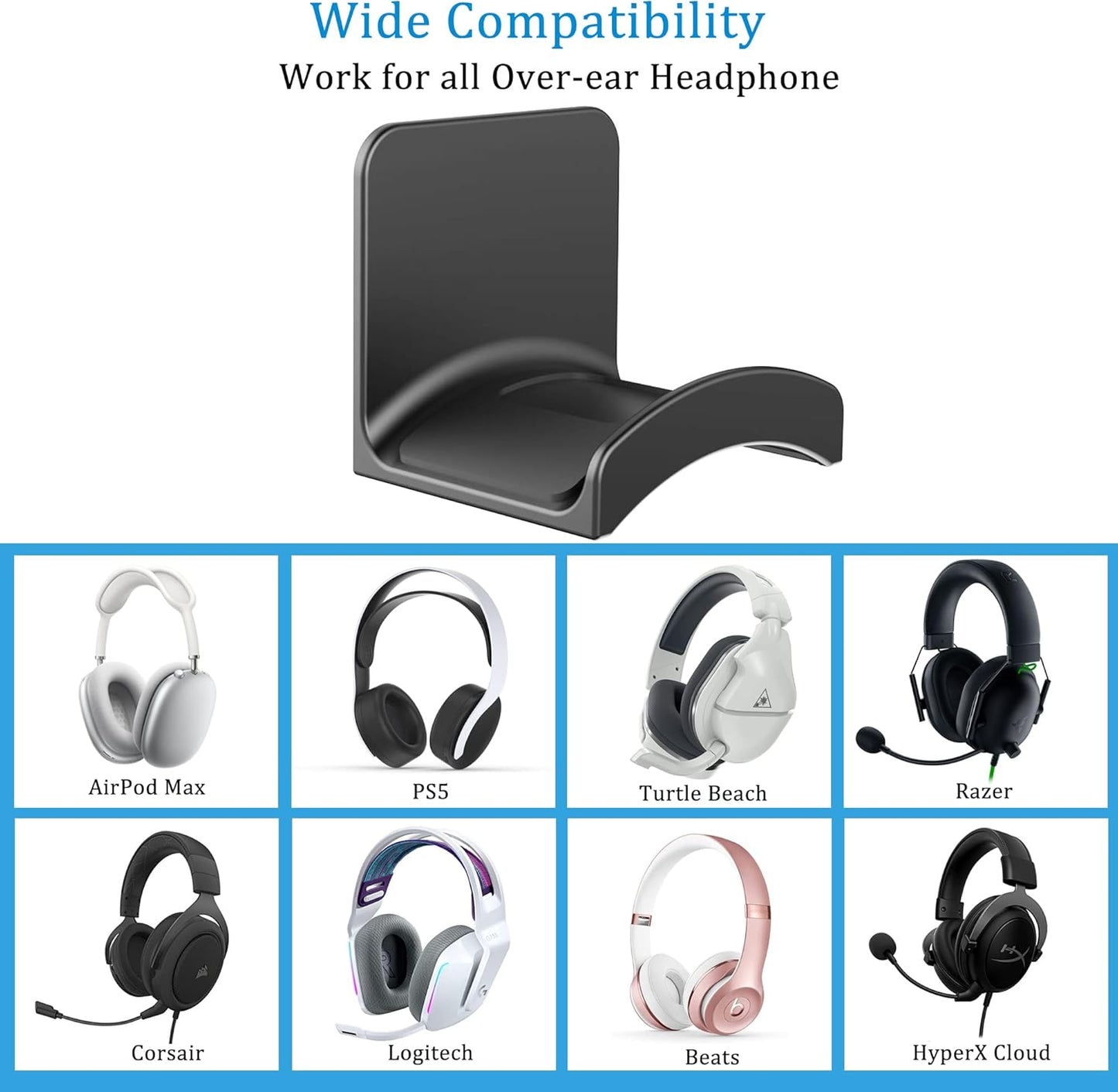 SOKUSIN Headphone Stand Headset Holder - Adhesive Gaming Earphones Hanger, Universal Desk Wall Mount Hook for All Headphone/Controller, Compatible with Beats, AirPods Max,Sony, JBL (Black-2PCS)