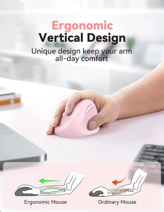 TECKNET Ergonomic Mouse, 4800 DPI Wireless Vertical Mouse, 5 Adjustable DPI Levels, 6 Buttons, 2.4G Silent Wireless Mouse for Laptop, PC, Chromebook - Pink