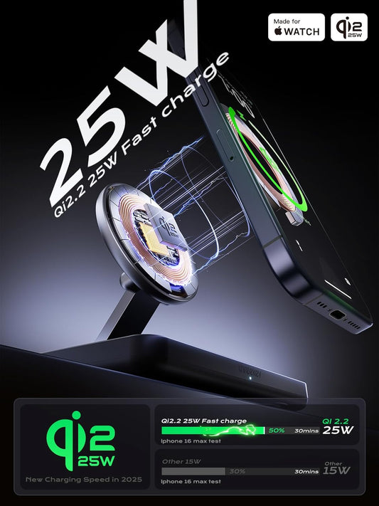 THREEKEY Qi2 25W MagSafe 3-in-1 Wireless Charging Station, MFI Certified by Apple, Fast Foldable Charger Stand for iPhone 17/16/15/14/13/12 Pro Max, Apple Watch, AirPods(45W Adapter Included)