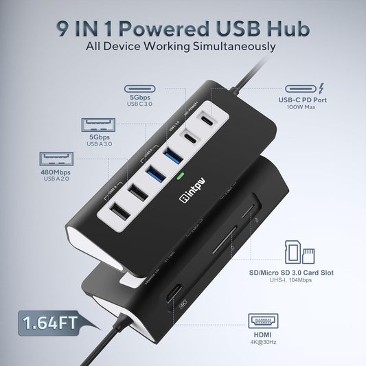 USB C Hub, INTPW 9-in-1 USB Multiport Adapter with 4K HDMI, PD 100W, USB-C and 2 USB A 3.0 5Gbps, 2 USB A 2.0, SD/TF Card Reader, Aluminum USB Hub for Laptop, iPhone 16/15 Series, MacBook, iPad