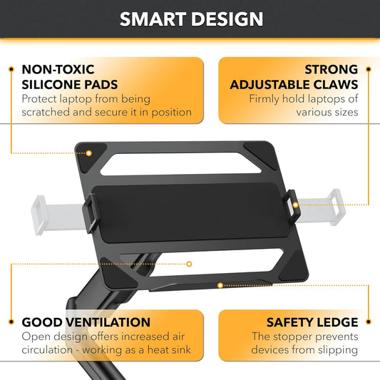 CondoMounts Laptop Wall Mount | Spring-Assisted Arm for 17"–32" Screens, Free-Tilting VESA Laptop Holder, Space-Saving Design, Heavy-Duty Build, Matte Black Finish, Easy DIY Installation