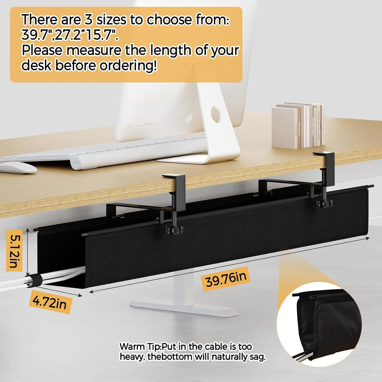 Under Desk Cable Management Tray 39.7" - No Drill Computer Wire Organizer Cable Tray, Cord Hider Clamp Mount with 16X Cable Ties PC Cables Management Cord Holder for Office/Home (Upgrade Fabric,Black)