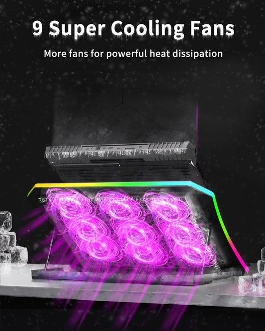 KeiBn Laptop Cooling Pad, Gaming Laptop Fan Cooling Pad with 9 Quiet Fans, RGB Laptop Cooler for 15.6-17.3 Inch, Cooling Pad for Laptop with 7 Height Stands, 2 USB Ports, Phone Stand-Purple