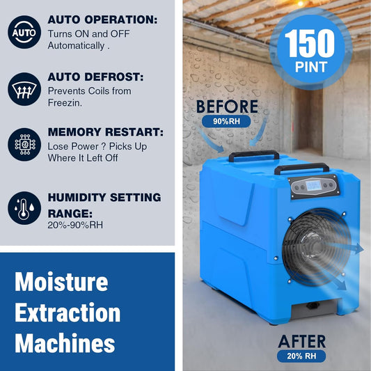MOUNTO Commercial Dehumidifier, 150 Pint High-Capacity, Includes Pump Drain Hose for Water Damage Restoration, Ideal for Basements, Warehouses & Job Sites