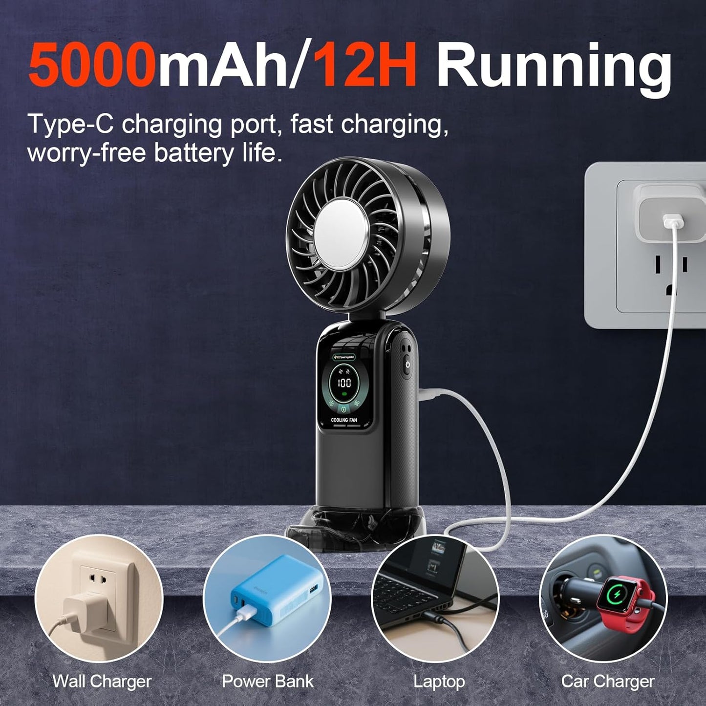 Blows Cold Air Portable Handheld Fan with Stand & Lanyard, 5000mAh USB-C Rechargeable Battery, 12H/5-Speed LED Display Mini Fan for Travel Beach Cruise Concerts Outdoor Events(Black)
