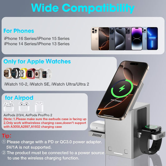 25W 3 in 1 Charging Station for Apple Devices,Auto Open/Close Mag-Safe Wireless Charging Stand Cube,Travel Wireless Charger Dock for iPhone 16/15/14Series & Apple Watch & AirPods (Metal Gray)