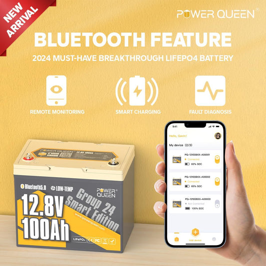 Power Queen Bluetooth 12V 100Ah LiFePO4 Battery with 14.6V40A LiFePO4 Battery Charger, Group 24 Deep Cycle Battery, 100A BMS with Low-Temp Cut-Off Protection for RV, Trolling Motors, Solar System