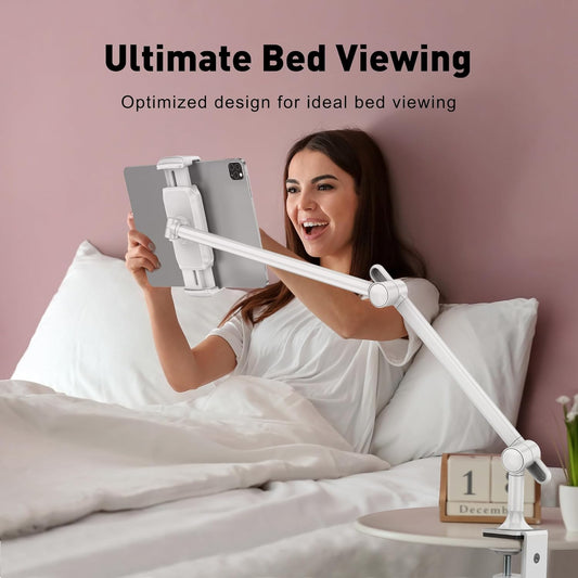 AboveTEK Tablet Stand Holder, Aluminum iPad Holder for Desk & Bed, Adjustable iPad Arm Clamp Mount with 360° Rotation, Overhead Compatible with 4.7"-13.5" iPads Pro/Air/Mini, iPhone, Galaxy Tab- White