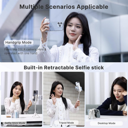 ULANZI JJ02 Selfie Stick Tripod, Extendable Grip Phone Tripod w Detachable Remote Pocket Size, 3-in-1 Mini Phone Grip 2 Cold Shoe, 10m/393.7'' Wireless Shutter, Vlog Livestreaming Photography(White)