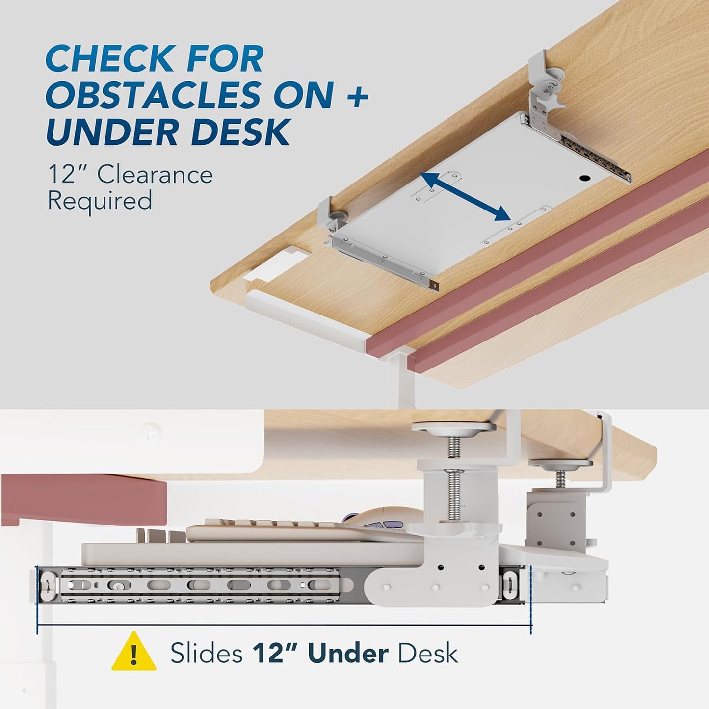 AX WABER Keyboard Tray Under Desk Pull Out with Extra Sturdy C Clamp Mount System, 27.3 (32.5 inch Including Clamps) x 11 Inch Slide-Out Platform Computer Drawer for Typing White AX01WW01