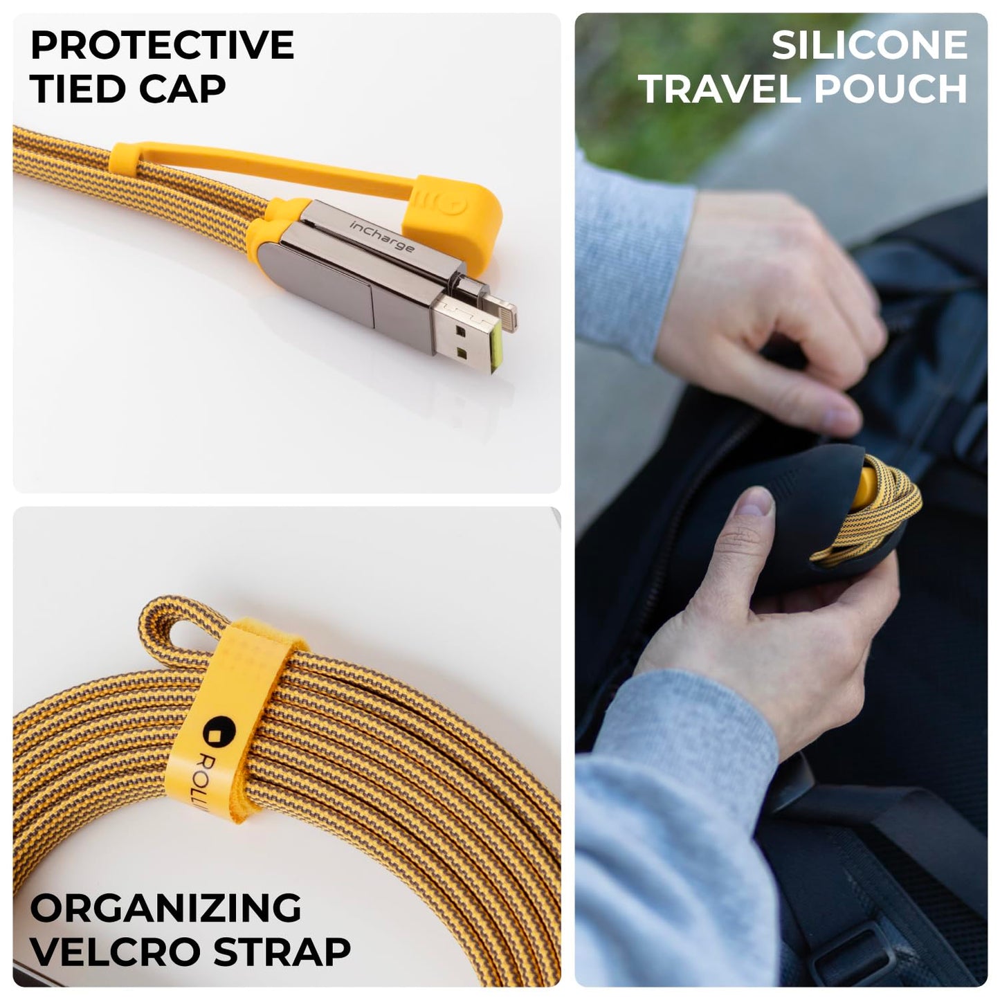 Rolling Square InCharge XL 200cm - USB C Charger Cable, Lightning Cable for Smartphone, Universal Cable Charger 6 in 1, USB Plug, Yellow, 100W