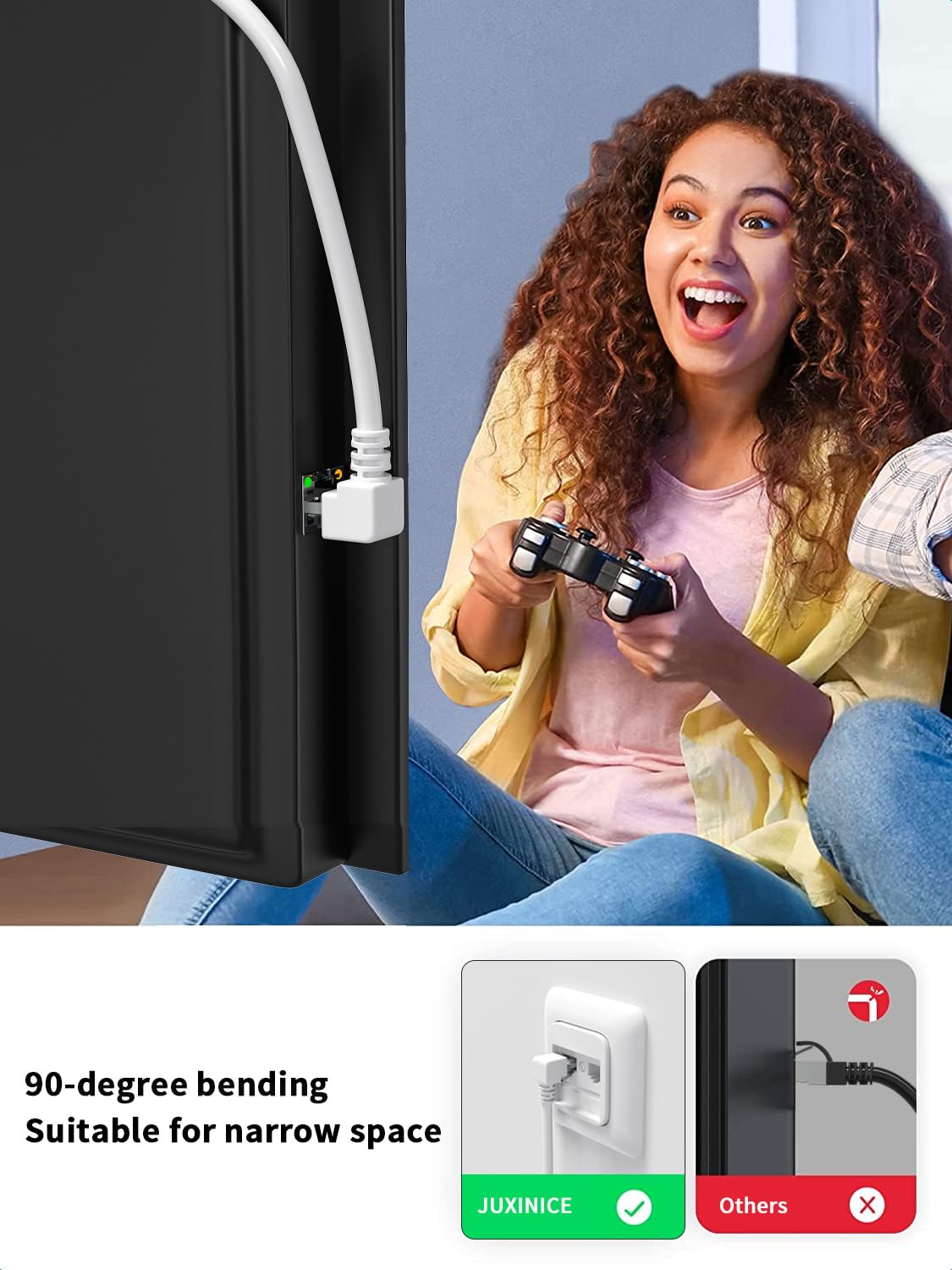 Right Angle Ethernet Extension Cable UPangle 1.5ft-White, 90 Degree CAT6 Ethernet Patch Cable RJ45 LAN Cable Extender Male to Female Connector for Router Modem Smart TV PC Computer Laptop