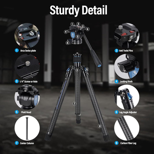 SIRUI Carbon Fiber Tripod Lightweight 2lbs with Panoramic Fluid Head, 59.8” Compact Camera Tripod Quick Release Leg Setup, Reversible Center Column, Reverse Folding Legs, Max Load 11lbs - Traveler X