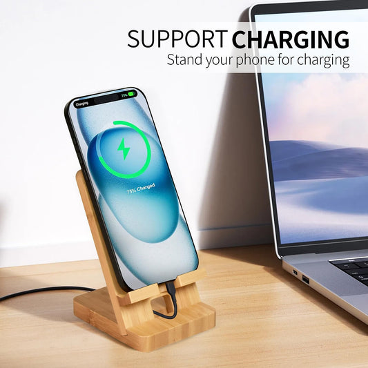 Wood Phone Stand, Desktop Wooden Phone Holder, Portable Office Phone Stand for Desk, Wood ipad Stand, Compatible with iPhone & All Cell Phones (Bamboo)