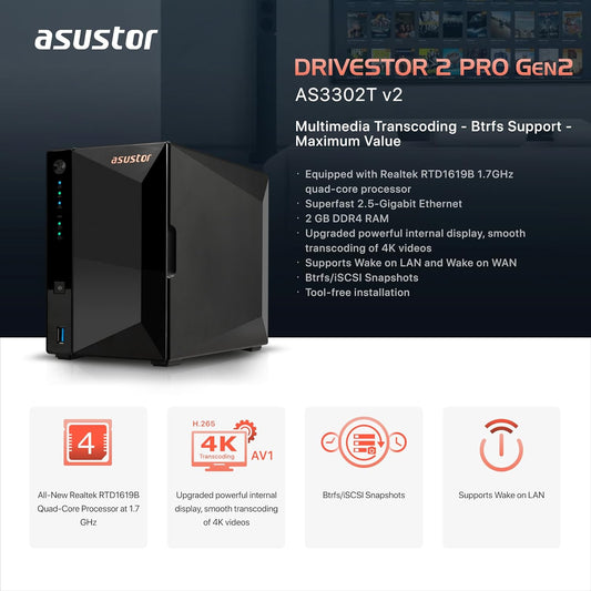 Asustor Drivestor 2 Pro Gen2 AS3302T v2, 2 Bay NAS, 1.7GHz Quad-Core, 2.5GbE Port, 2GB RAM DDR4, Small Home Media Server, Network Attached Storage Device (Diskless)
