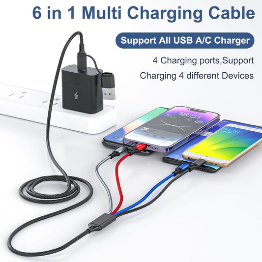 6 in 1 Multi Charging Cable 3Pack-6FT Multi USB Cable 3A Multi Charger Cable Braided Multiple Phone Charger Cable Universal USB A/C Charging Cord with 2*IP/Type C/Micro USB Port for Cell Phone/Tablets