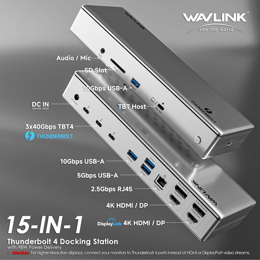 Thunderbolt 4 Dock, WAVLINK Docking Station with Quad 4K@60Hz Monitors, Four Thunderbolt 4 Ports, 98W PD, 2.5G RJ45 Ethernet, SD V4.0, 10Gbps USB3.1, for MacBook Pro/Air etc