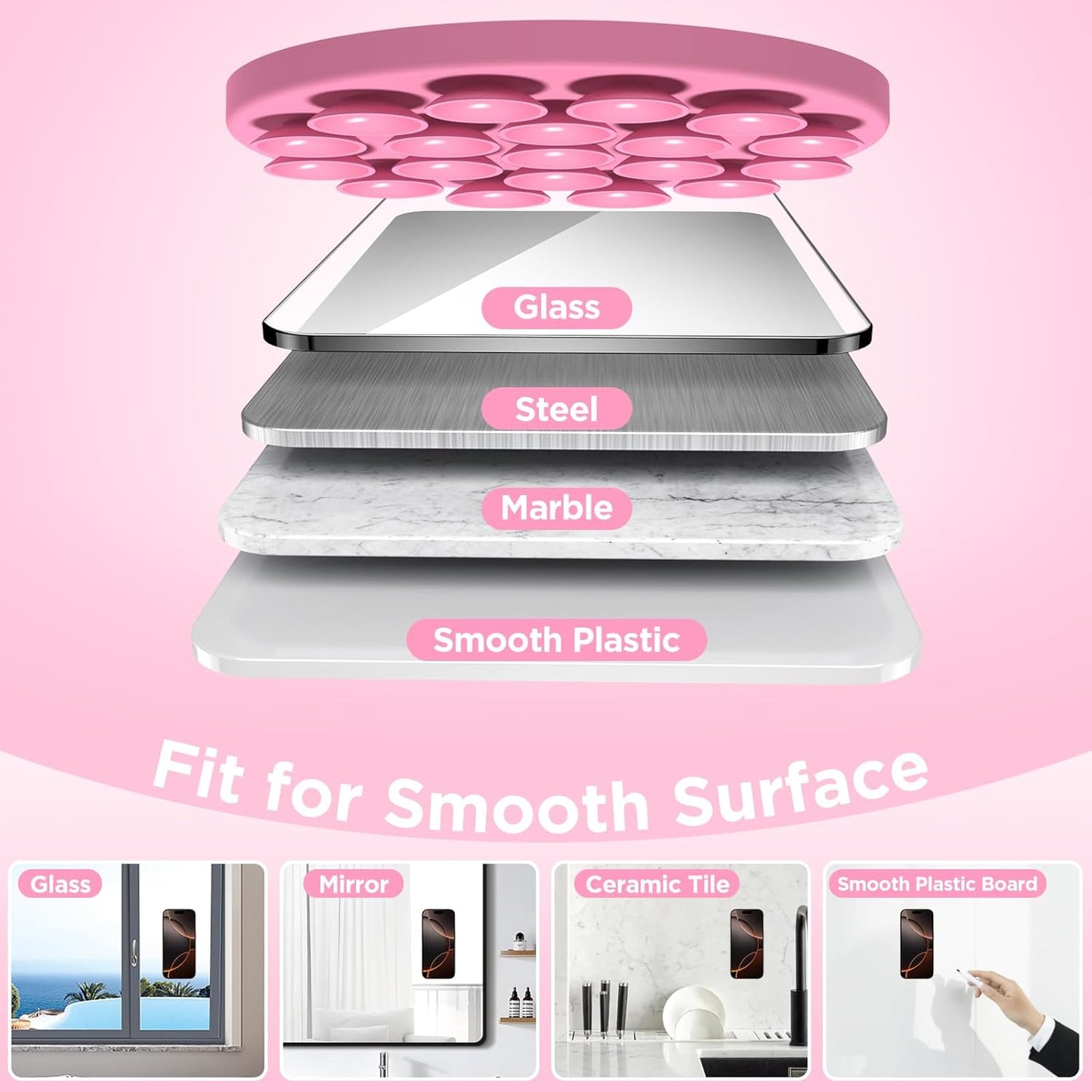 Magnetic Suction Cup Phone Mount for MagSafe Case, Silicone Hands-Free Phone Grip Holder for iPhone and Android, Mirror Shower Phone Stand for Makeup FaceTime Gym Kitchen Bathroom, Tender Pink