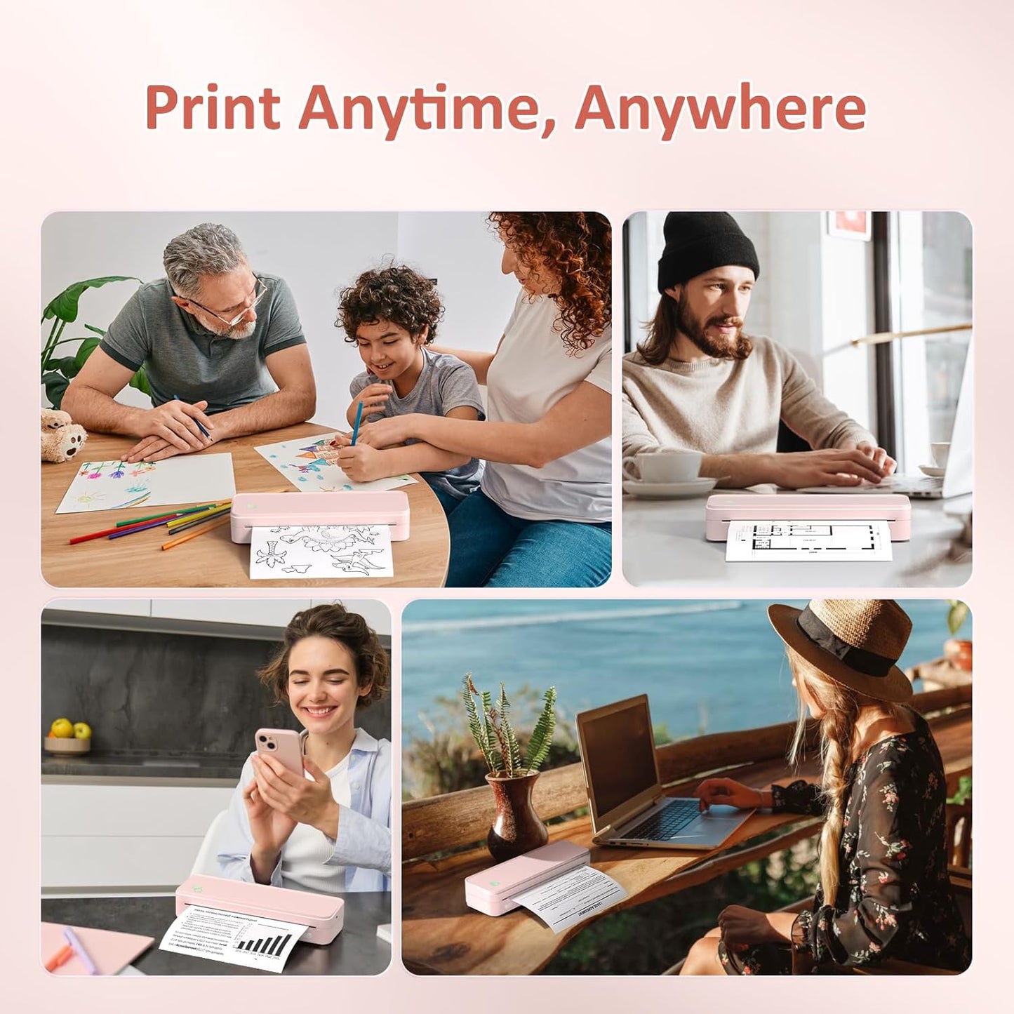 Inkless Portable Printer for Travel, Wireless Thermal Printer Supports 8.5 x 11 Inch US Letter Size, Bluetooth Machine Includes Carry Case and 3 Rolls of Thermal Paper Kit, Pink