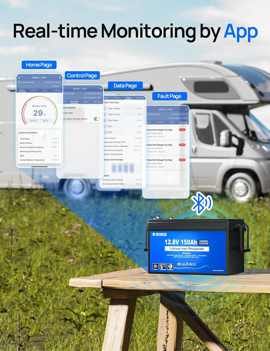 DC HOUSE 12V 150Ah LiFePO4 Lithium Battery with SOC Status Indicators, Bluetooth & Low Temp Cut-off, 12V Lithium Battery up to 15000 Cycles, 120A BMS Perfect for Trolling Motors, Marine, Boat, Solar