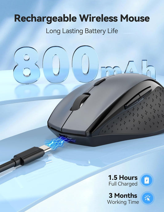 TECKNET Wireless Mouse Rechargeable,Mouse for Laptop Computer,2.4G USB Computer Mice Wireless,6 Button 6400 DPI Ergonomic Silent Mice,Portable Cordless Travel Mice-Wide Compatibility