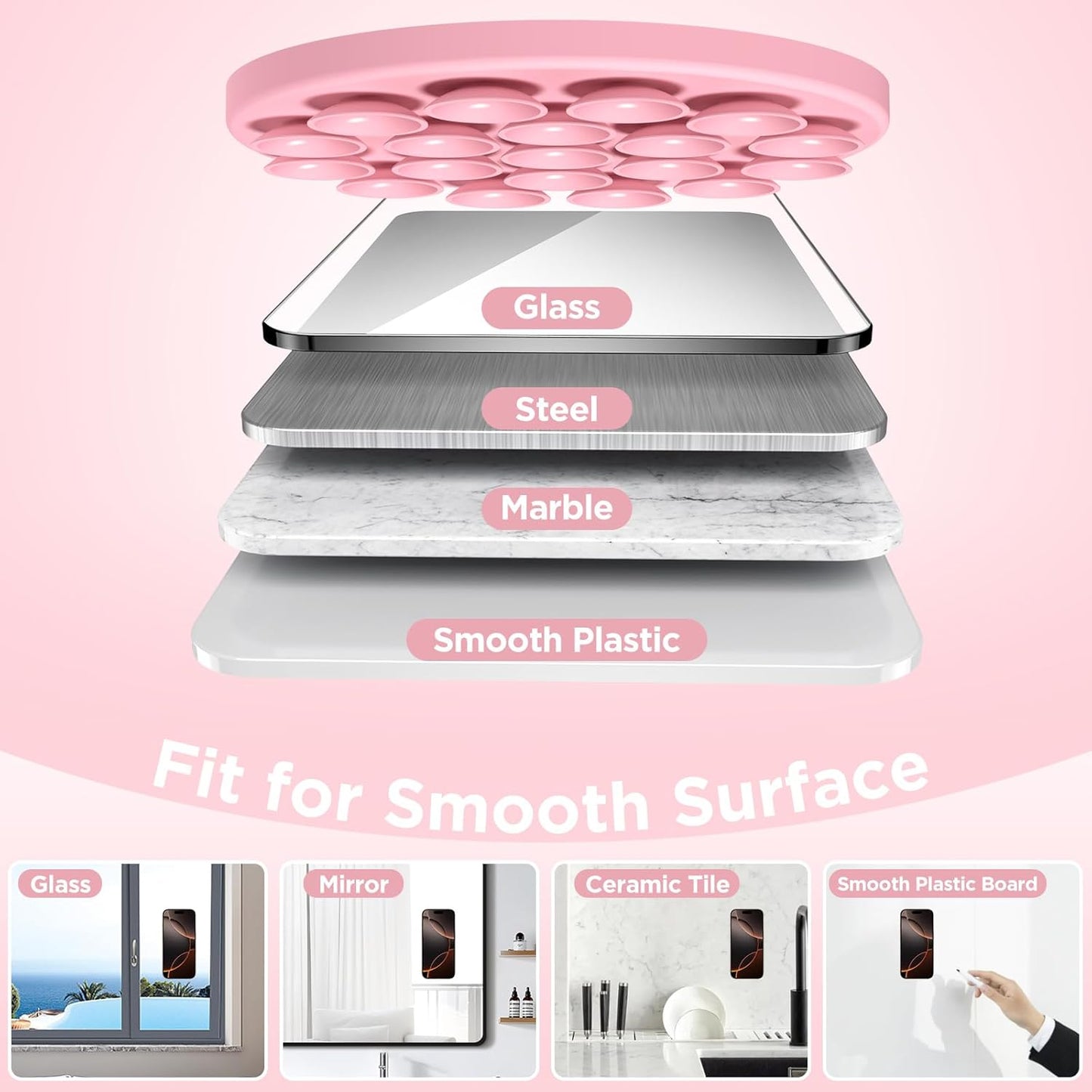 Magnetic Suction Cup Phone Mount for MagSafe Case, Silicone Hands-Free Grip Holder for iPhone and Android, Mirror Shower Phone Stand for Makeup FaceTime Gym Kitchen Bathroom, Pink