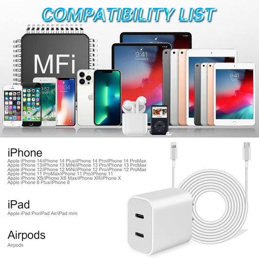 iPhone 14 Super Fast Charger,Dual Port USB C Chargers,iPhone Charger Fast Charging Block,Quick Apple USB C Wall Adapter Plug,2Pack Type C Lightning Cable For iPhone 14/13/12/11/ProMax/MiNi/XR/SE/8Plus