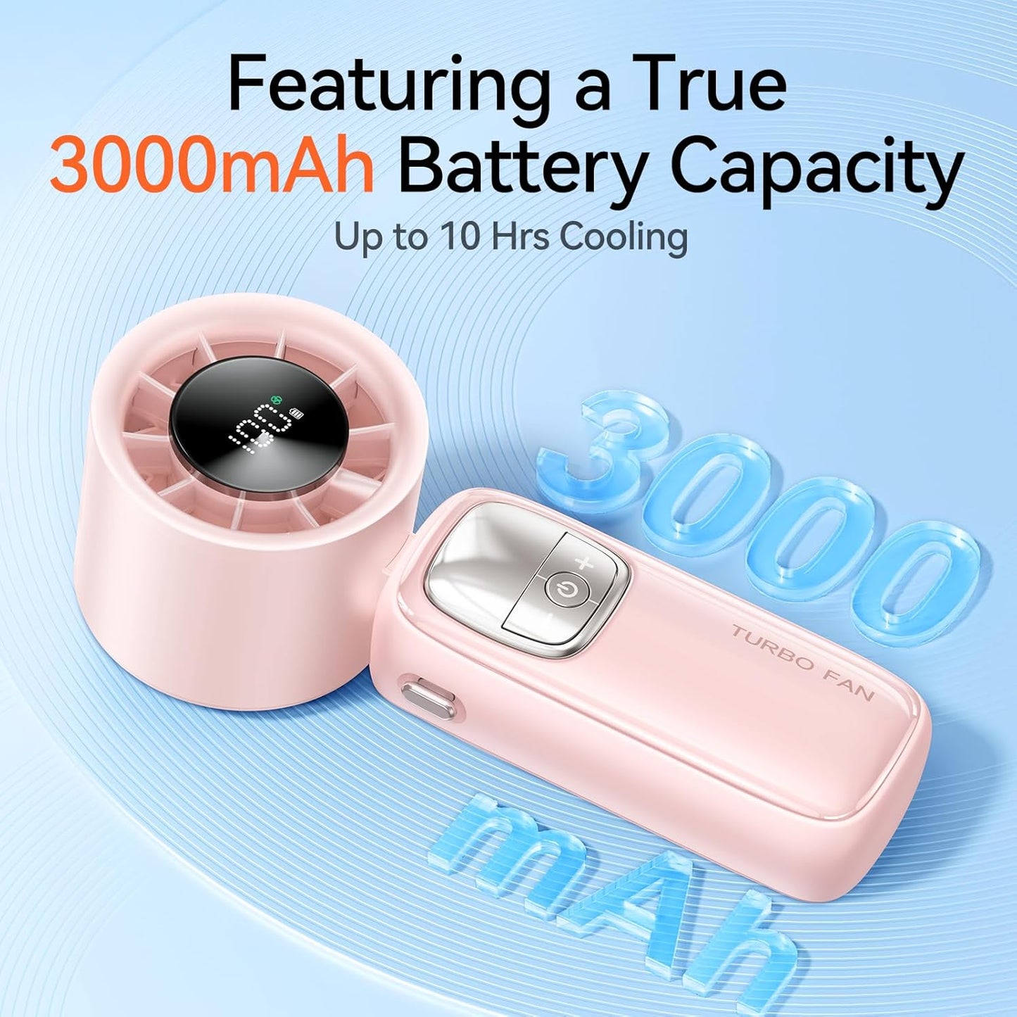 3-in-1 Portable Handheld Turbo Fan-100 Speeds, 15000 RPM, 10Hrs Cooling, LED Display, 90° Rotation, USB Rechargeable Battery Powered, Mini Foldable Hand Held Personal Fan for Women Men (Pink)