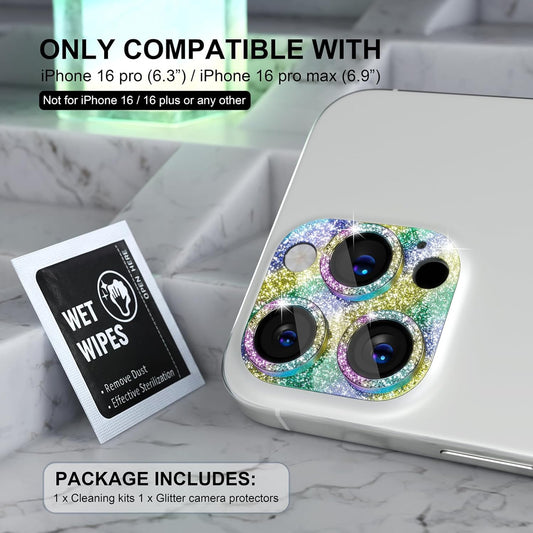 Choiche Compatible for iPhone 16 Pro/iPhone 16 Pro Max Camera Lens Protector, Bling Camera Cover with 9H Tempered Glass Lens Screen Protector Metal Ring Decoration Accessories (Glitter-Colorful)