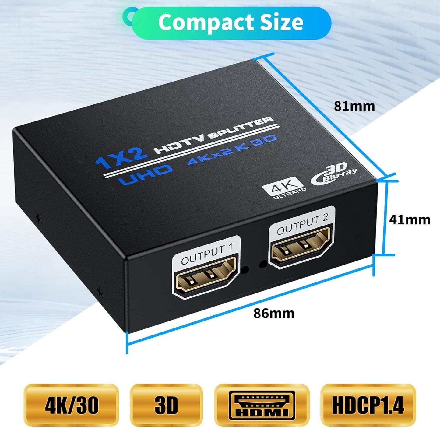 HDMI Splitter 1 in 2 Out 4K, 1x2 Powered HDMI Multi-Port Adapter for Dual Monitor, Support 4K UltraHD 3D HDR, Duplicate/Mirror Screens, Ideal for Xbox Ps5 Ps4 Ps3 Fire Stick Blu-Ray Player HDTV