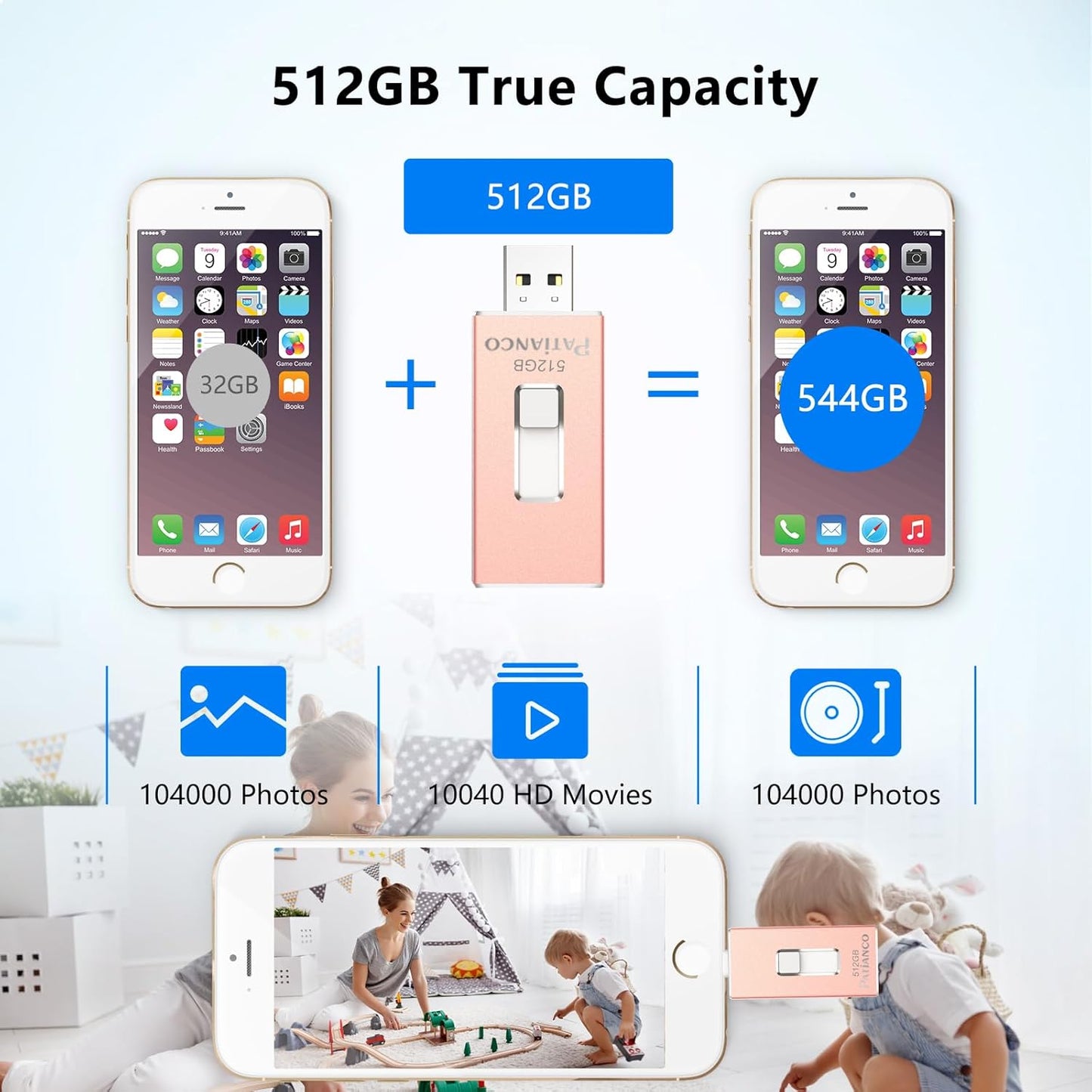 Photo Stick Apple MFi Certified for iPhone 512GB, USB Flash Drive for iPhone Thumb Drive, iPhone-Memory-Stick for iPad/iPhone/Computer Picture Keeper Portable Hard Drive Pink