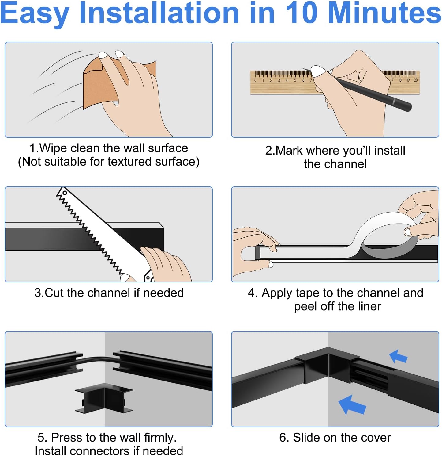 Yecaye Black Cord Hider, One-Cord Channel Cord Cover on Wall, Cable Management Kit, Wire Covers for Cords, Cable Raceway, W0.59in H0.4in, Black
