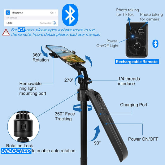 70.9" Auto Face Tracking Tripod 360Β° Rotation with Stand & Light, Phone Camera Holder Stand with Remote & Gesture Control, Extendable Selfie Stick for GoPro/Travel/Vlog/Video/Tiktok/Live Streaming