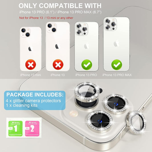 Choiche [3+1 for iPhone 13 Pro/iPhone 13 Pro Max Camera Lens Protector Bling, 9H Tempered Glass Camera Cover Screen Protector Metal Ring Decoration Accessories (Diamond-Silver)