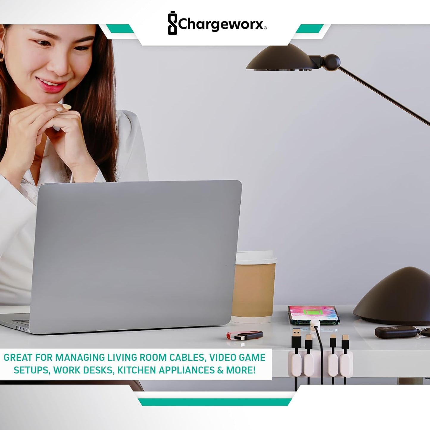 Chargeworx Magnetic Cable Holder for Cable Management – Multipurpose Desktop Cable Management System, 20-PK, Great for USB-C, Lightning, Micro-USB & Other Cables – Sticks to Any Surface (20-PK White)