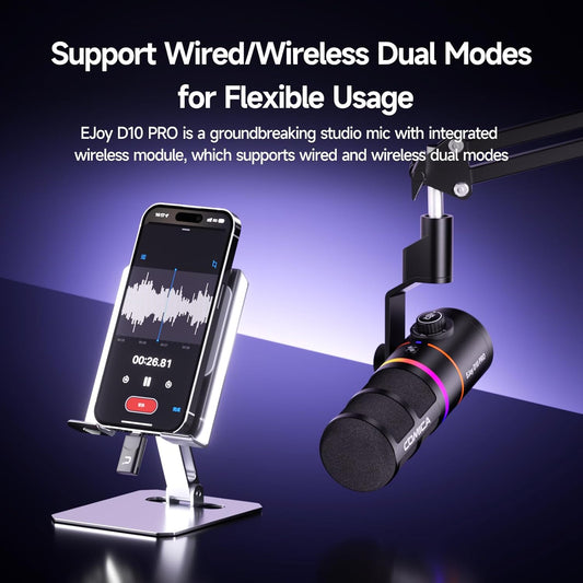 EJoy D10 PRO(A) USB Wireless Gaming Microphone – Boom Arm Mic with Wired/Wireless Modes, XLR/USB-C, Real-Time Monitoring, 45H Battery, RGB Dynamic Mic for Gaming, Streaming, Podcast, Recording (Black)