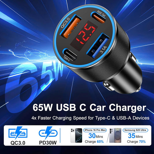 65W iPhone Car Charger Fast Charging, 2Pack 4 Port USB C Fast Car Charger+6ft Type C to C Cable, Dual USB-C & USB-A Cigarette Lighter Adapter with Voltmeter for iPhone 16 15 Pro Max,iPad,Samsung,Pixel