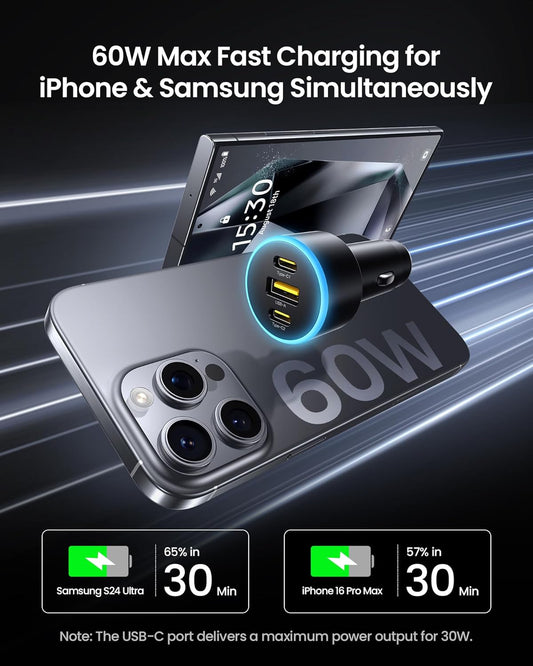 PISEN 60W 3-Port USB C Car Charger - PD30W & QC3.0 Fast Charging, Multi Device Compatible, LED Indicator, Durable Design, Safety Certified for iPhone 16/15/14/13/12 Series