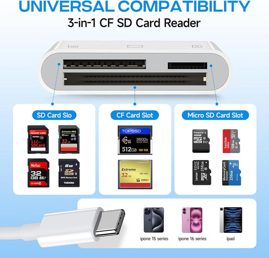 USB C SD Card Reader for iPhone 16/15/iPad/Mac, 3 in 1 USBC Memory Card Reader with Compact Flash/CF/SD/TF Card, Digital Camera Adapter iPhone SD Card Reader Compatible with MacBook Pro/Air/Mini Mac