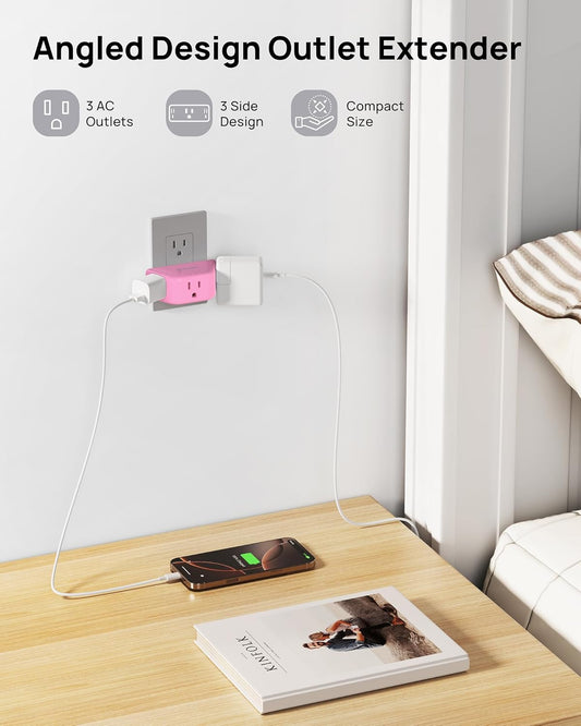 TROND Pink Outlet Extender - Multi Plug Outlet with 3-Prong Grounded Sockets, 3 Way Angled Plug Splitter, Compact and Practical Multiple Wall Expander for Home Travel Cruise Dorm Essentials