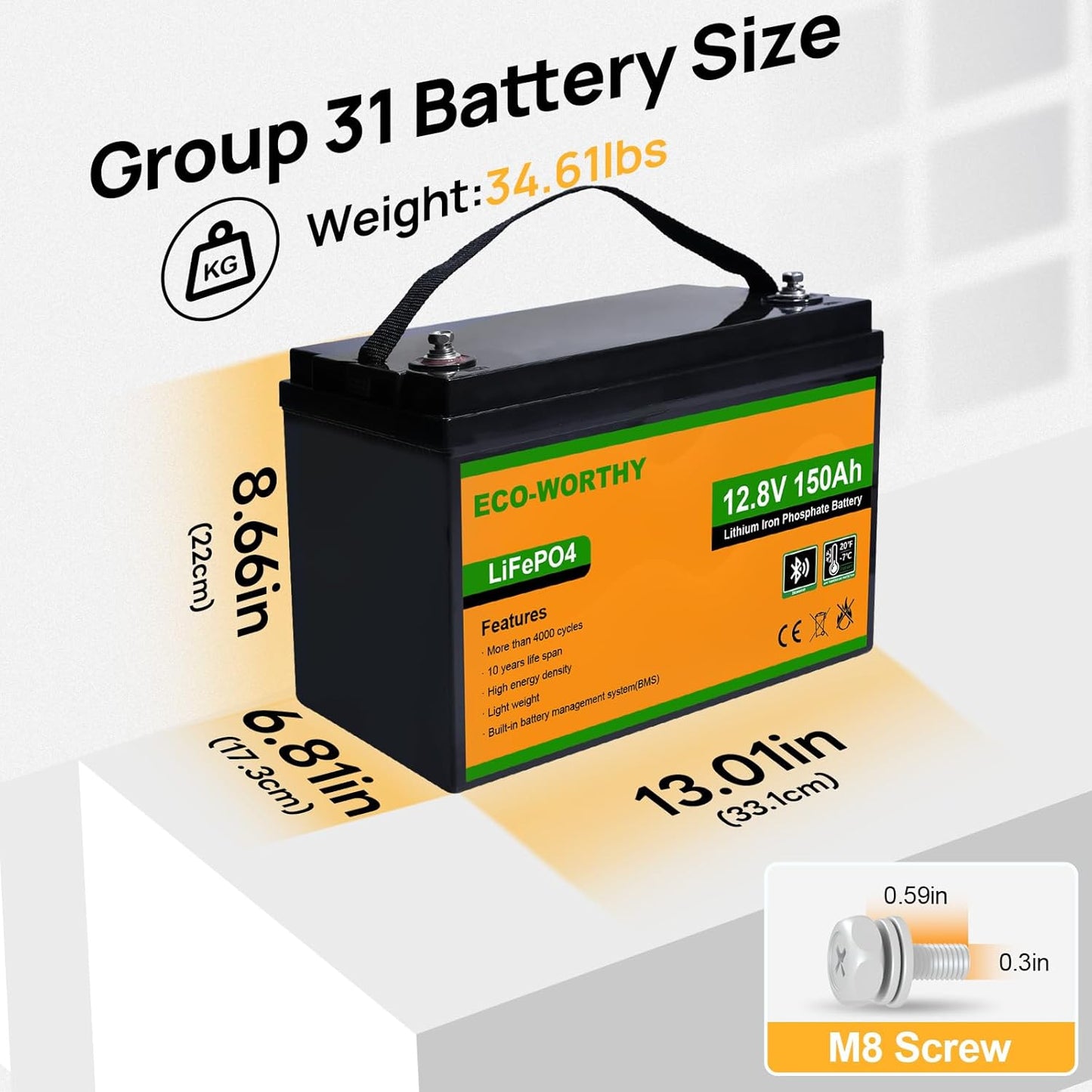 ECO-WORTHY 12V 150AH Bluetooth LiFePO4 Lithium Battery with Low Temperature Protection, Built-in 120A BMS, Perfect for Trolling Motor, Boat, RV, Camping, Home Energy Storage