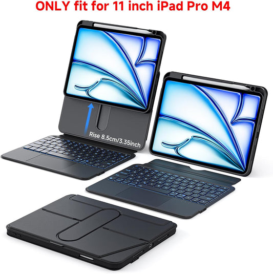 ONLY fit for 2024 M4 iPad Pro 11 inch Case with Keyboard Detachable Magic Keyboard Trackpad, 360 Rotating Cover with Pencil Holder Multi Angle Stand, 12 Shortcut Key, 7 Color Backlit, Black