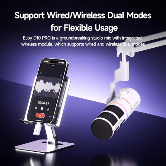 EJoy D10 PRO(A) USB Wireless Gaming Microphone – Boom Arm Mic with Wired/Wireless Modes, XLR/USB-C, Real-Time Monitoring, 45H Battery, RGB Dynamic Mic for Gaming, Streaming, Podcast, Recording (White)